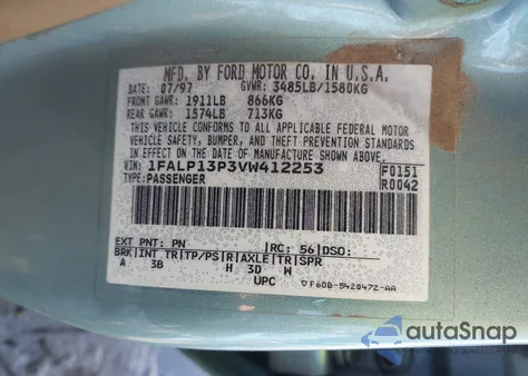 1997 Ford Escort Lx из США, поврежденный, VIN 1FALP13P3VW412253